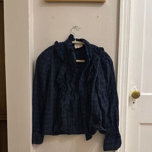 Sezane Plaid Ruffle Button-Up Shirt